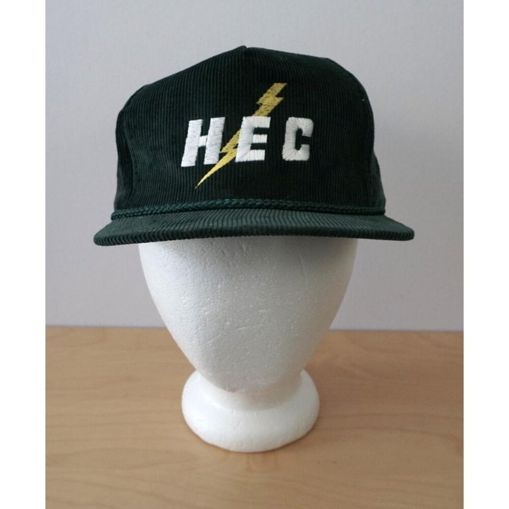 Vintage HEC Lightning Bolt Dark Green Corduroy Trucker Snapback Hat Cap